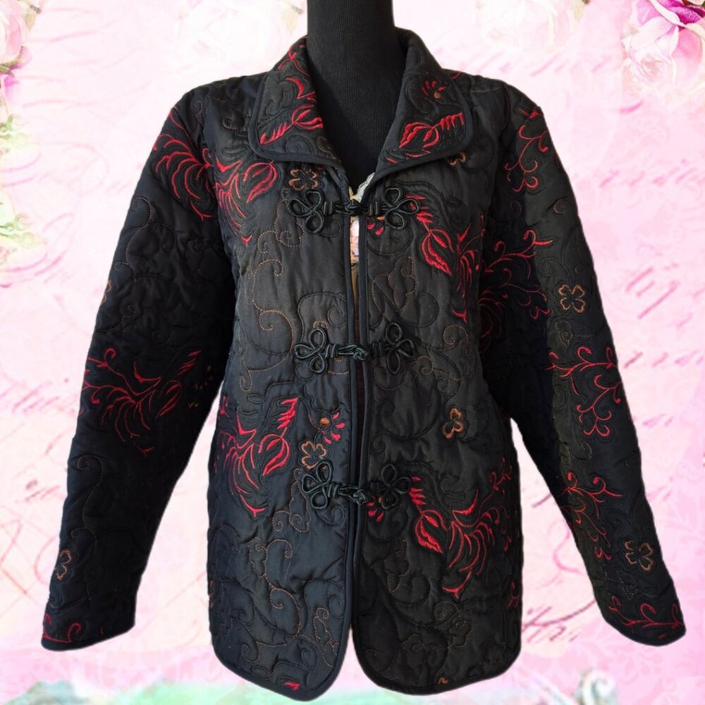 Du Jour Black Quilted Evening Jacket Lagenlook Artsy Embroidered Boho